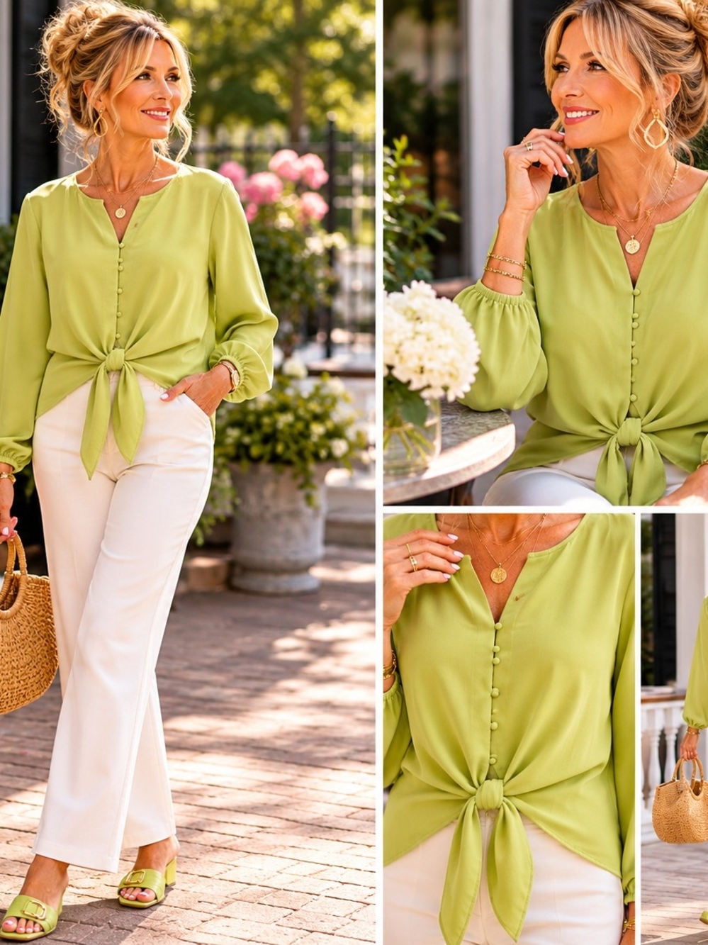 Women's Lime Sage Green Tie-Front Blouse XL